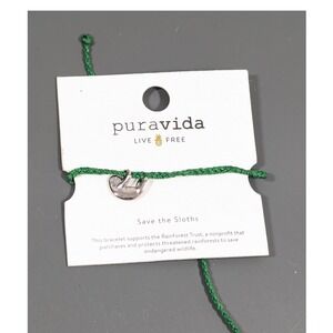 Pura Vida Sloth Charm Bracelet Green Adjustable Cord Silver Tone New